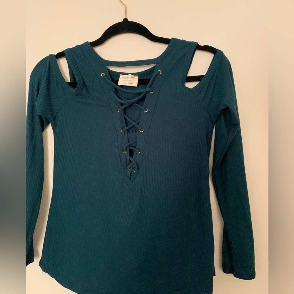 Super Soft Green Lace Up Cold Shoulder Top Ribbed